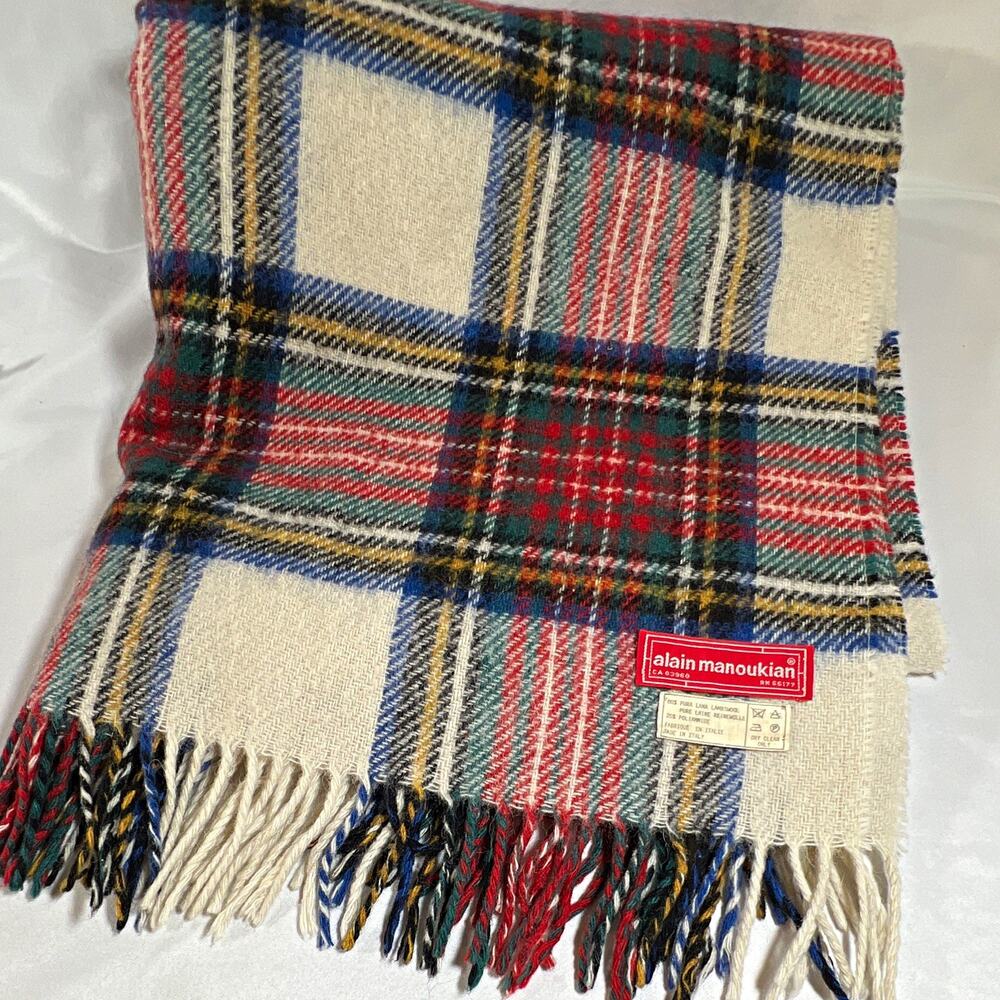 Vintage Alain Manoukian Oversized Lambswool Plaid Blanket Scarf Stole Throw